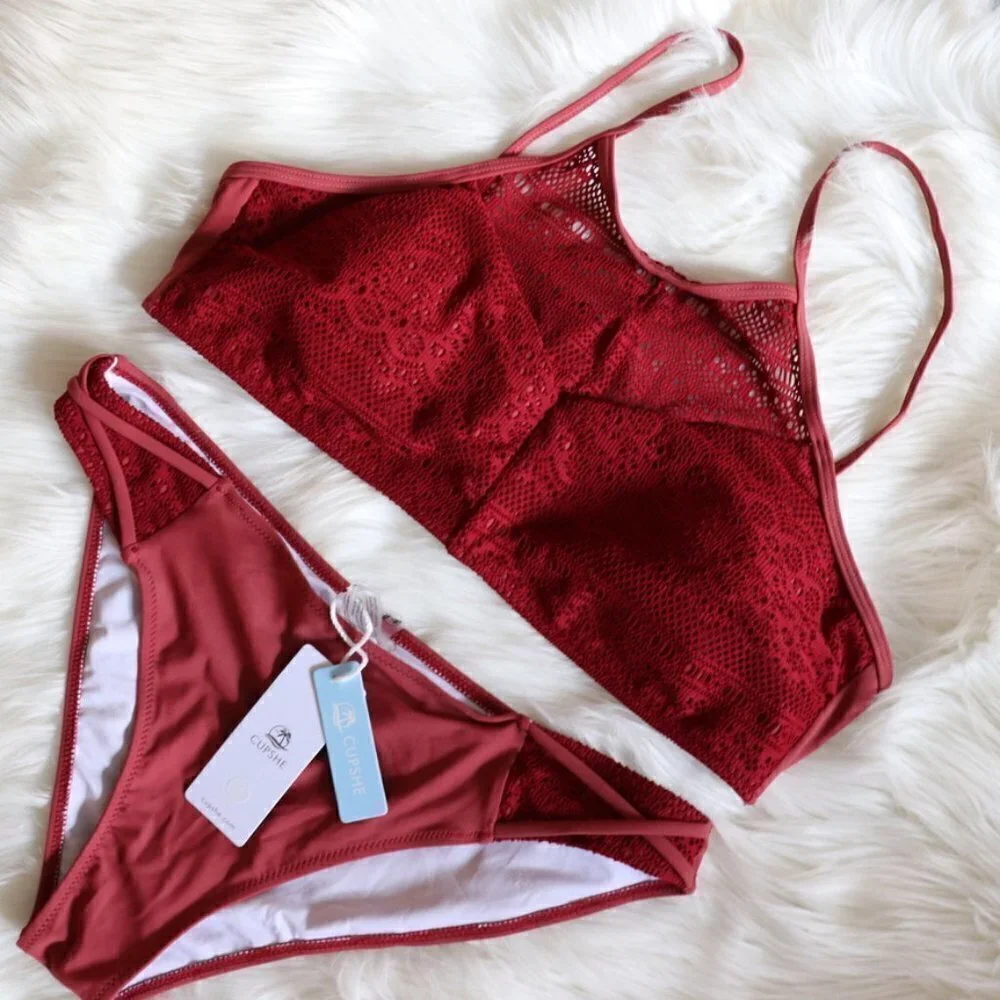 NEW Red Wine Red Lace Crochet Bohemian Boho Bikini Swim Set Size XXL